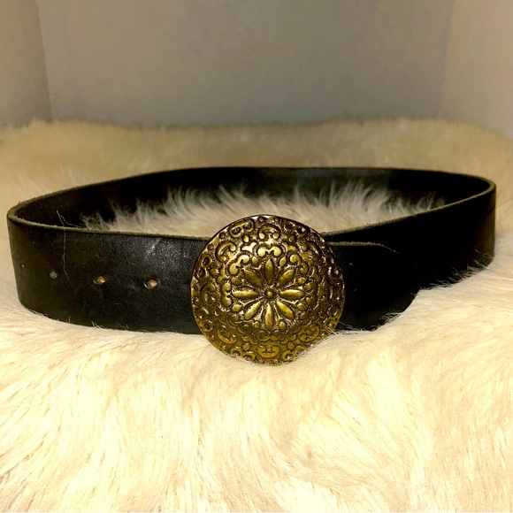 VTG CYDWOQ Distressed Wide Leather Belt w/Floral Boho Buckle #23636-50 36”-37” - Picture 3 of 16